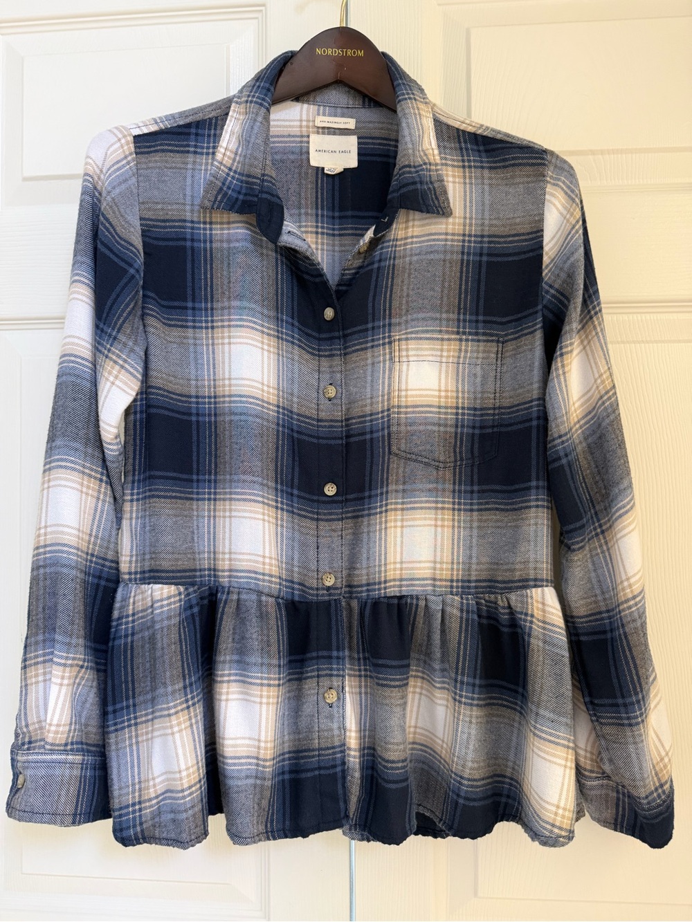 American Eagle Navy Blue & White Plaid Button-Front Peplum Flannel Shirt - S